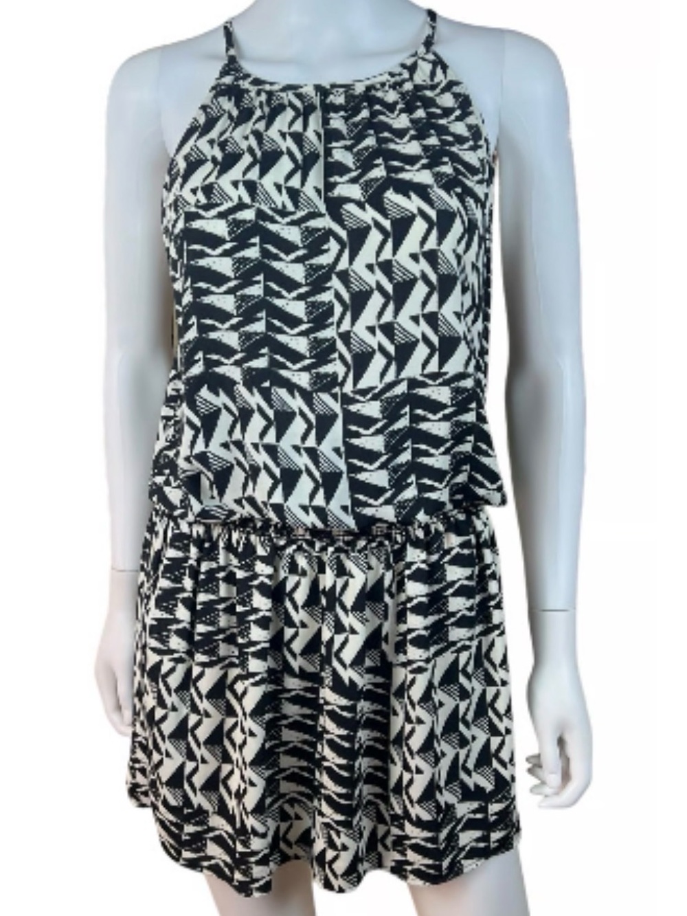 Veronica M Black & White Geometric Halter Mini Dress